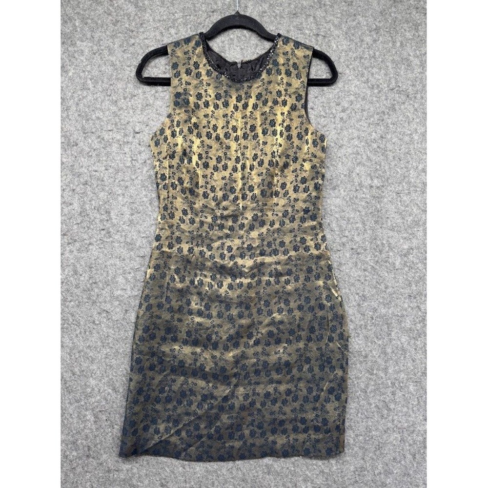 Vintage CDC Caren Desiree Gold Black Floral Jacquard Beaded Cocktail Dress 10